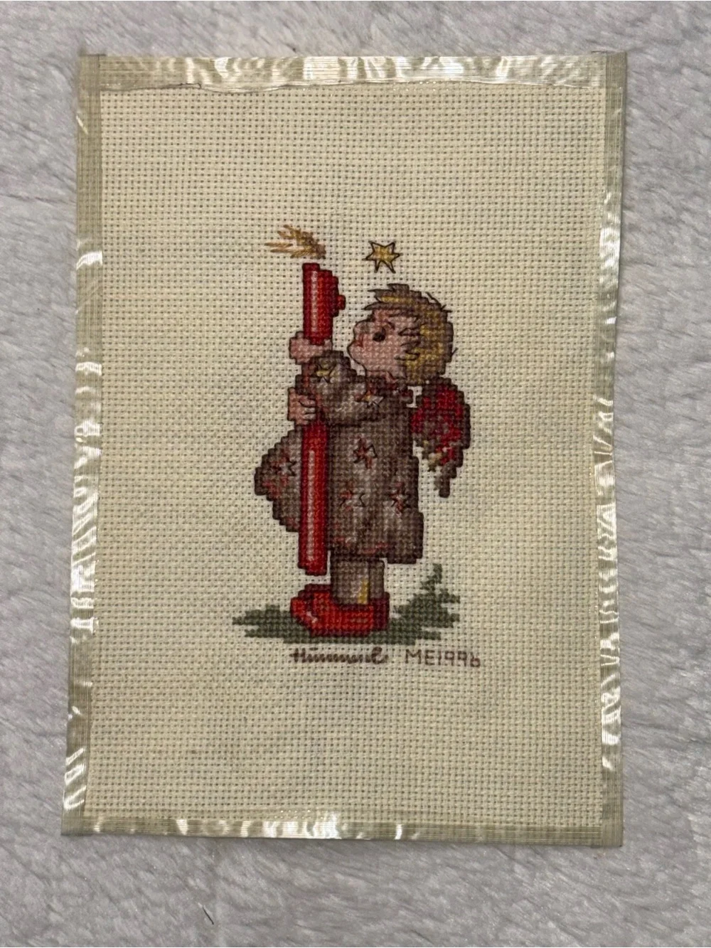 Vintage 1996 Hummel Angel Holding Candle Handmade Cross-Stitch